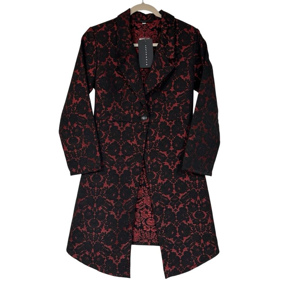 Bryn Walker Opera Jacket Black Red Floral Textured Blazer Long One Button Sz XXS